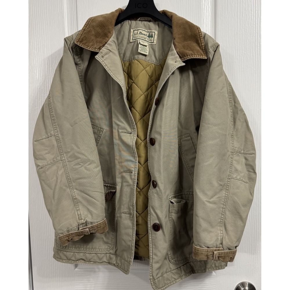 VTG LL Bean Jacket Womens Large Petite Canvas Chore Barn Coat Corduroy Collar